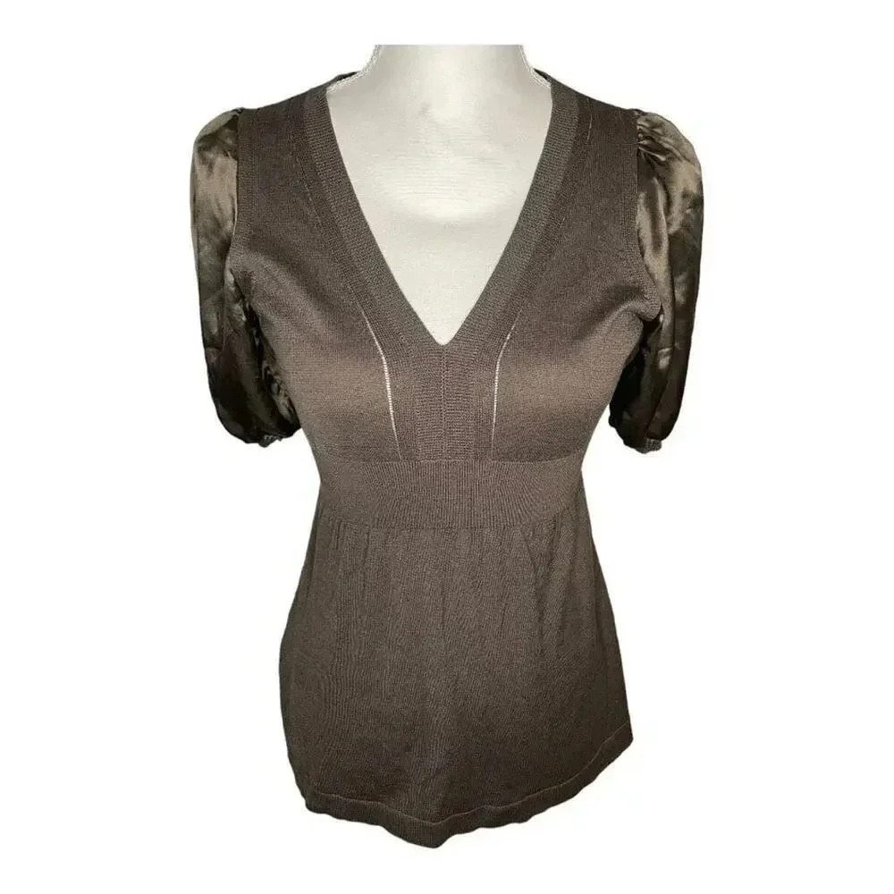 BCBG Women’s XS Brown Puff Sleeve V-Neck Knit Sweater